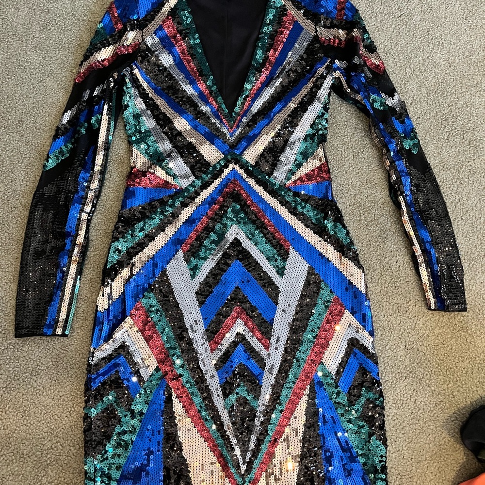 Express Green and Blue Long Sleeve Sheath Dress for Night Out
